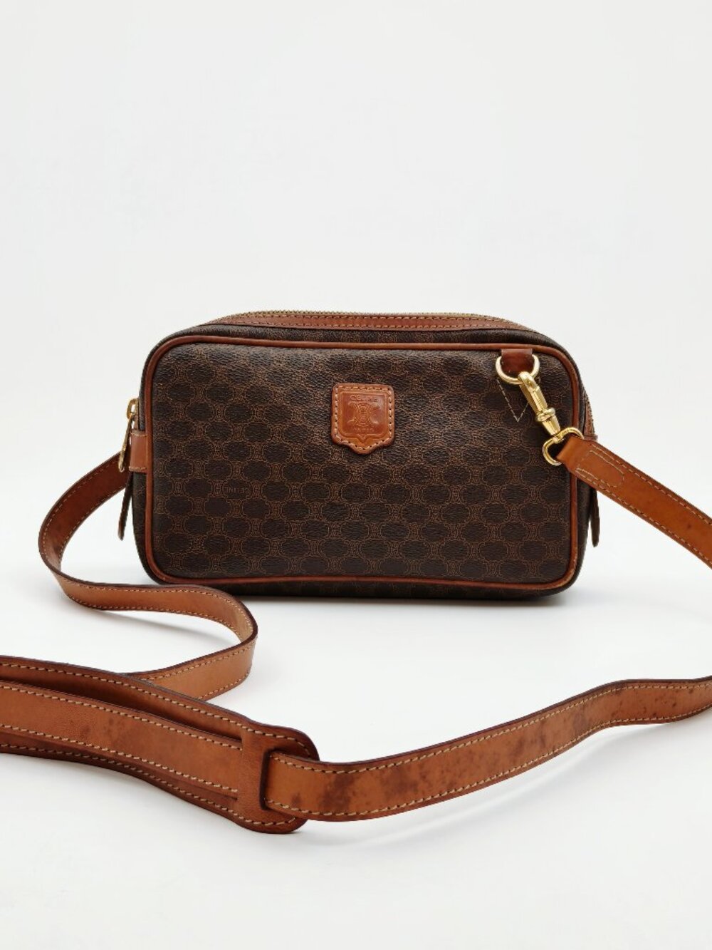 Vintage Celine Macadam Brown Crossbody Shoulder Bag Leather Trim